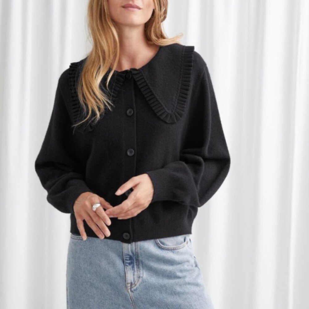& Other Stories Black Pleated Collar Button Cardigan